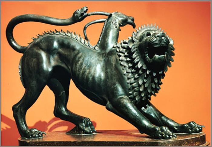 Quimera, animal mitológico griego de naturaleza triple.